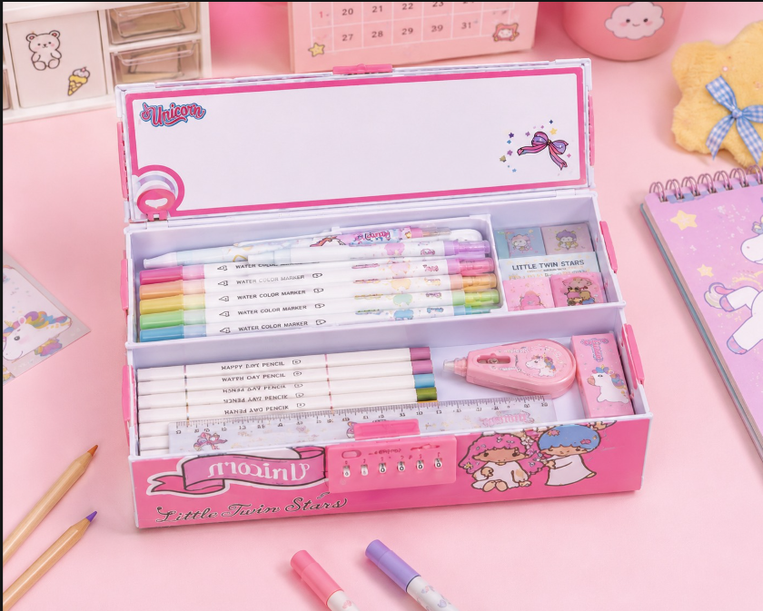 Stationery set with colorful markers and stationery items on a pink surface