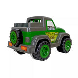 Toy jeep with green and gray color scheme on a white background