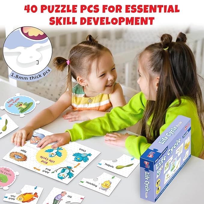 Two children playing with educational puzzle pieces on a table, with a box labeled 'Life Cycle' in the foreground.
