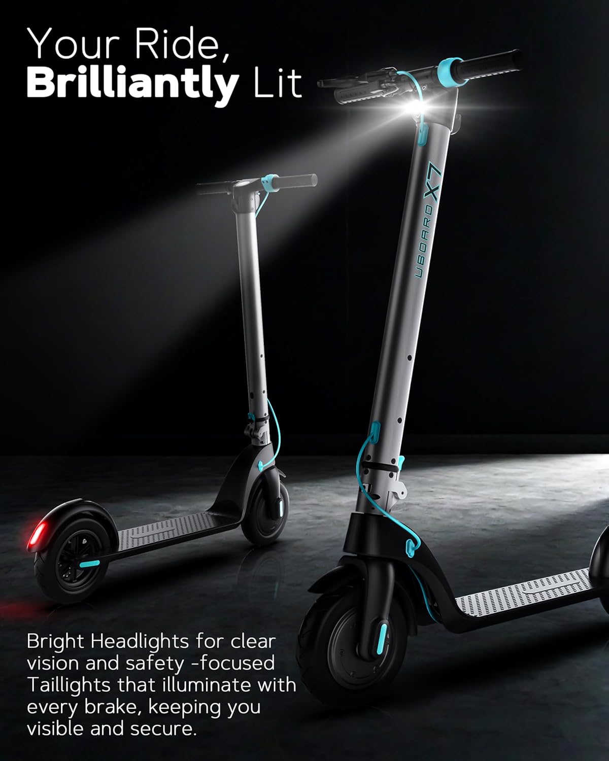 Two electric scooters with headlights on a dark background, highlighting their safety features.