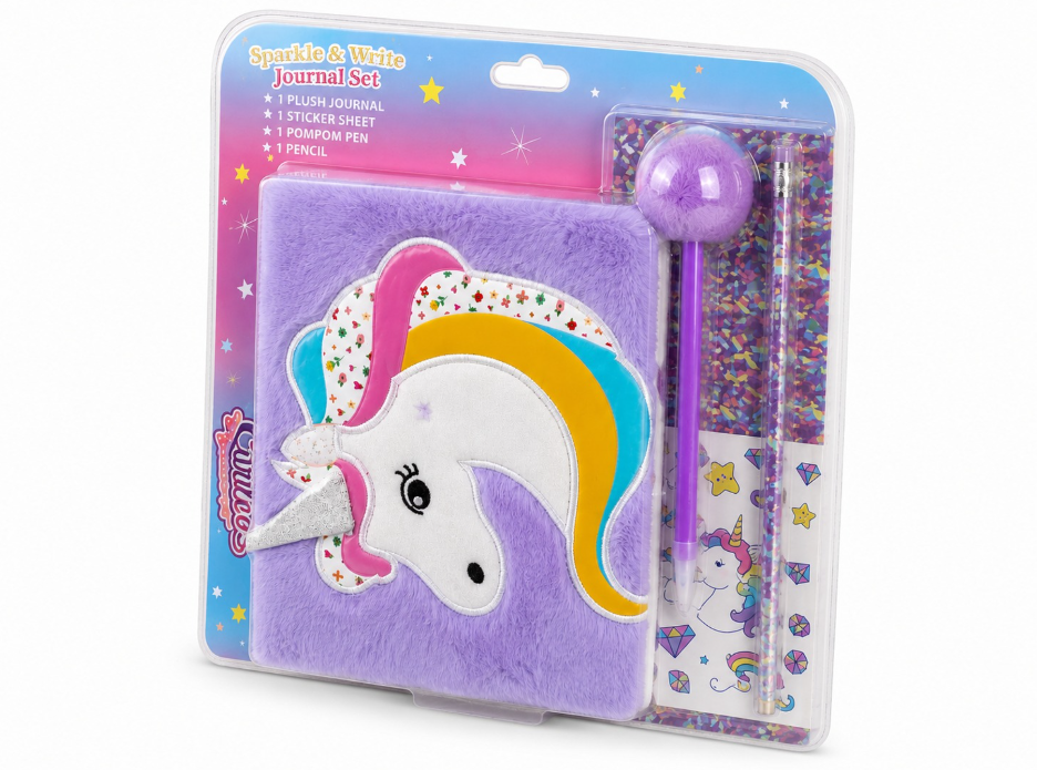 Unicorn-themed journal set with plush journal, pencil, and sticker sheet in packaging