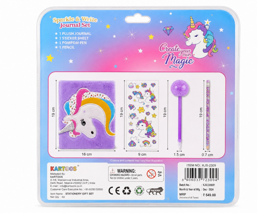Unicorn-themed stationery set packaging with journal, stickers, pen, and pouch on a colorful background.