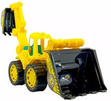 Toy bulldozer with yellow body and black front loader on a white background