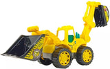 Toy excavator with yellow and black colors on a white background