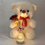 White teddy bear with glowing eyes holding flowers and a small lamp on a white background