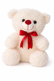 White teddy bear with a red bow on a white background