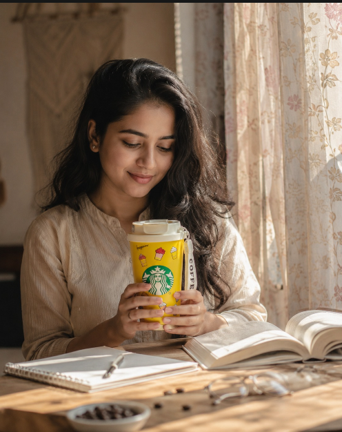 Woman holding a Starbucks coffee cup with a book open on a table.