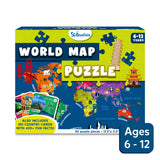 A box of Stillimatives World Map Puzzle featuring a colorful map-themed design with pieces and country cards illustrated on the box.
