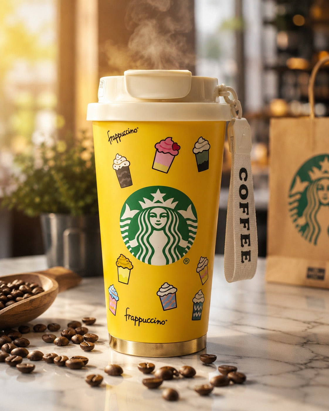 Yellow Starbucks cup with illustrations on a marble surface with coffee beans and a wooden scoop.