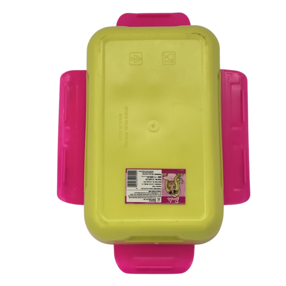 Yellow and pink plastic container with a label on a white background