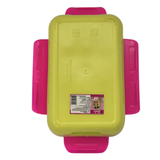 Yellow and pink plastic container with a label on a white background