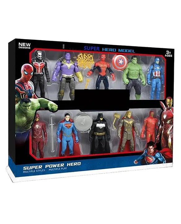 Box of superhero action figures with various characters displayed.