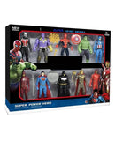 Box of superhero action figures with various characters displayed.