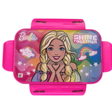 Barbie-themed lunch box with colorful design and pink handles on a white background