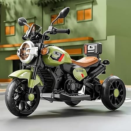 6V Battery YAHAHA Bike rideon | Music, LED Lights | Manual Control | Battery-Operated Ride-On Bike with Backrest for Boys & Girls Aged 1-5 Years (Yamaha, Olive Green)