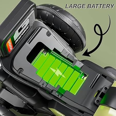 Close-up of a power tool battery compartment with a large battery labeled on a green background.