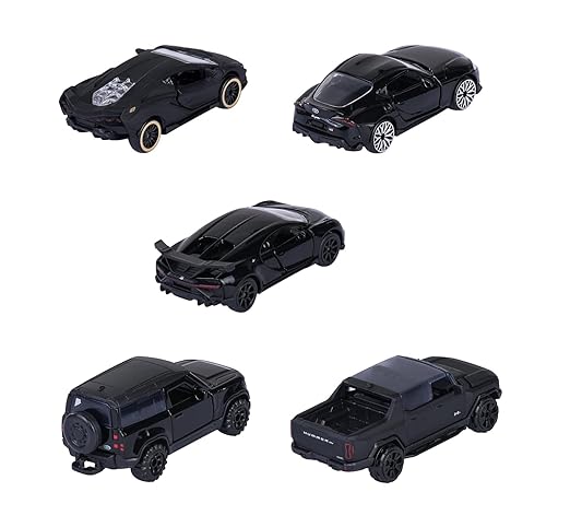 Five black toy cars on a white background
