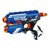 A soft bullet gun toy in blue, orange, and black colors with 'HOT FIRE' written on it, equipped with a pull-back trigger and suction darts.