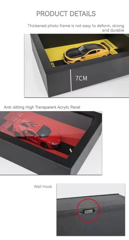 Product details of a photo frame with car models inside, including thickness, acrylic panel, and wall hook features.