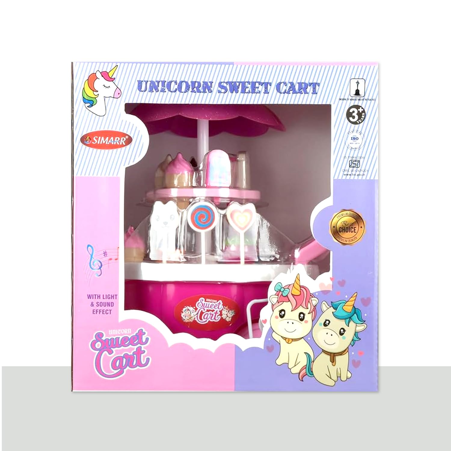 A boxed children's toy called 'Unicorn Sweet Cart' by Simark, shown in its retail packaging against a light gray background. The packaging is pink and purple with cartoon unicorns and a photo window revealing the toy cart inside, which is pink and white with small cupcake and lollipop details.