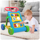 Child playing with a colorful toy walker in a living room.