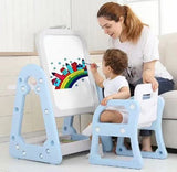 Woman and child using a children's drawing board with colorful crayon illustrations.