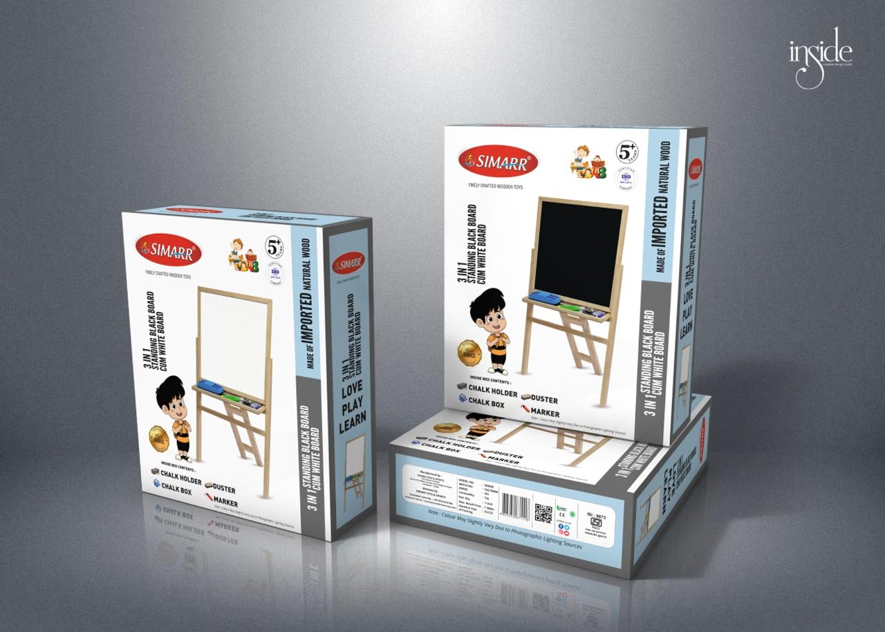 Three boxes of a children's art set with an easel on a gray background