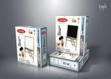 Three boxes of a children's art set with an easel on a gray background
