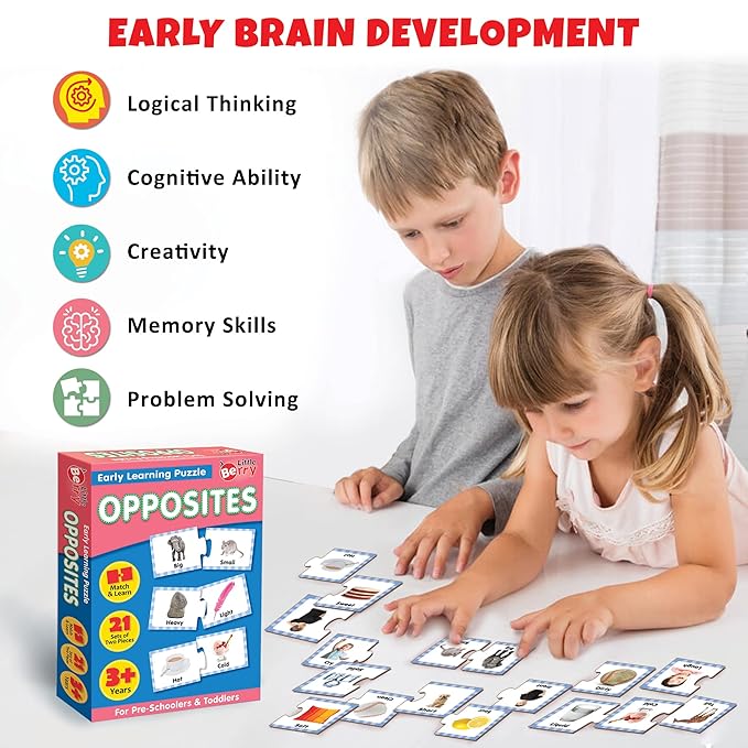 Children playing with educational cards and a box labeled 'Opposites' for early brain development.