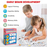 Children playing with educational cards and a box labeled 'Opposites' for early brain development.