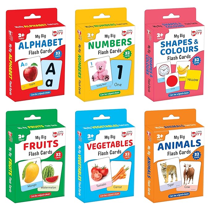 educational flash card sets for alphabet, numbers, shapes & colours, fruits, vegetables, and animals with colorful packaging.