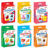 educational flash card sets for alphabet, numbers, shapes & colours, fruits, vegetables, and animals with colorful packaging.
