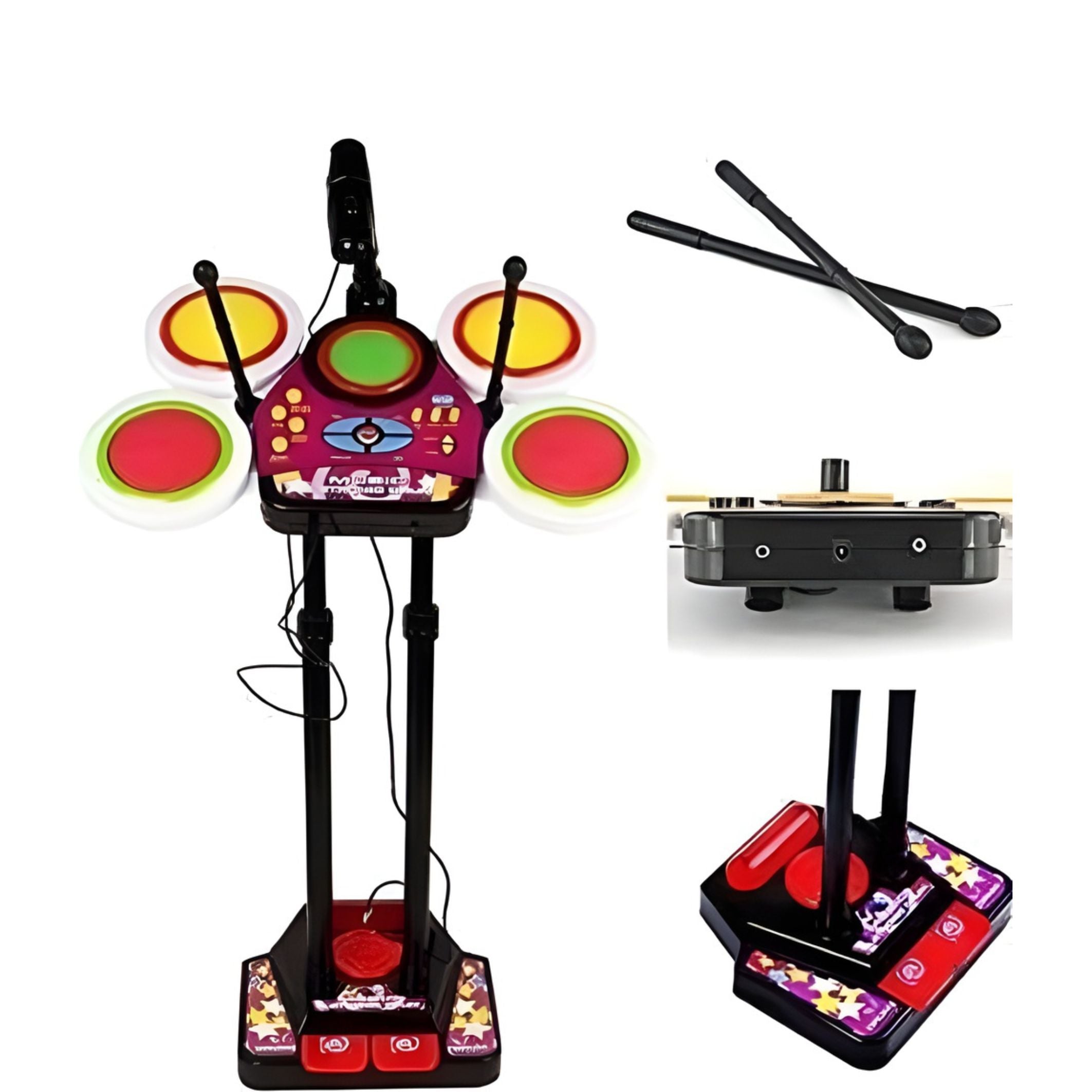 Children's electronic drum set with colorful lights and two drumsticks on a white background.