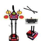 Children's electronic drum set with colorful lights and two drumsticks on a white background.
