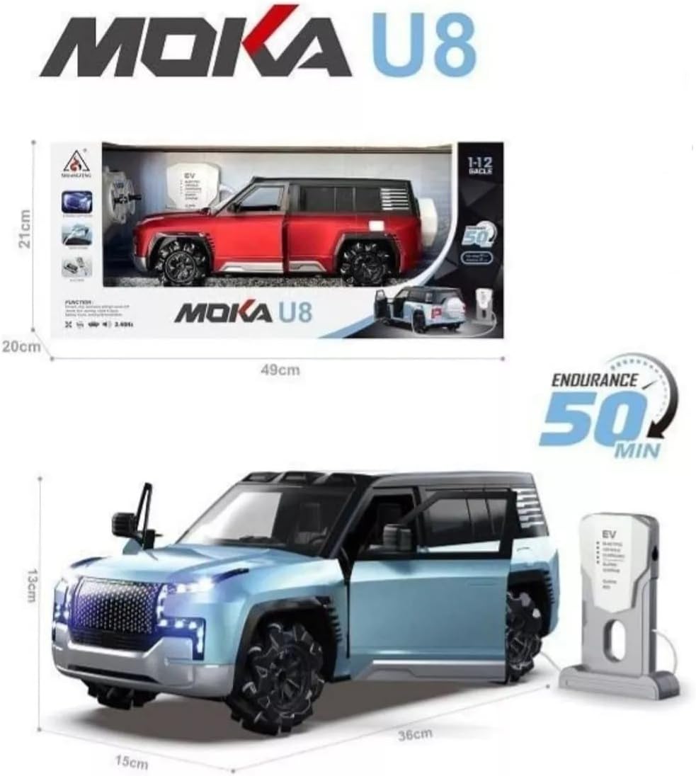 Toy car with packaging and charging station, featuring MOKA U8 branding.
