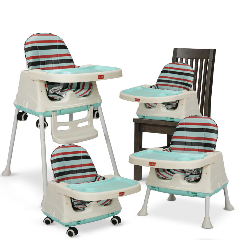 Set of three high chairs with striped cushions on a white background