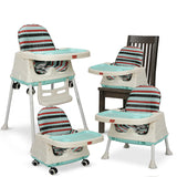 Set of three high chairs with striped cushions on a white background