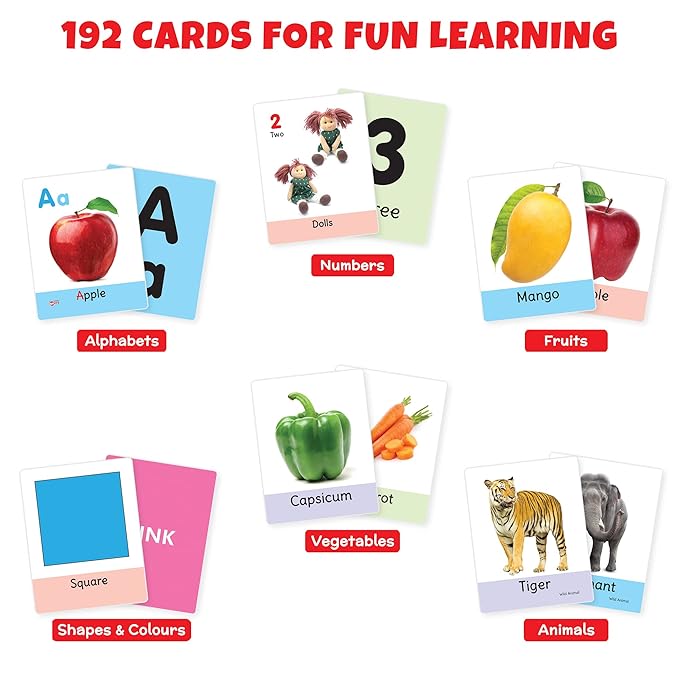 Educational flashcards for learning alphabets, numbers, fruits, vegetables, shapes, and animals with colorful illustrations on a white background.