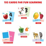 Educational flashcards for learning alphabets, numbers, fruits, vegetables, shapes, and animals with colorful illustrations on a white background.