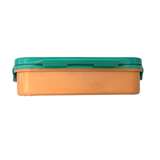 Rectangular food container with green lid on a white background