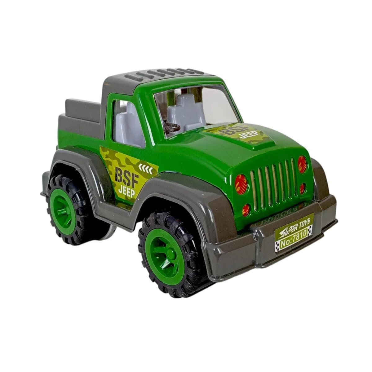 Toy jeep with green and gray color scheme on a white background