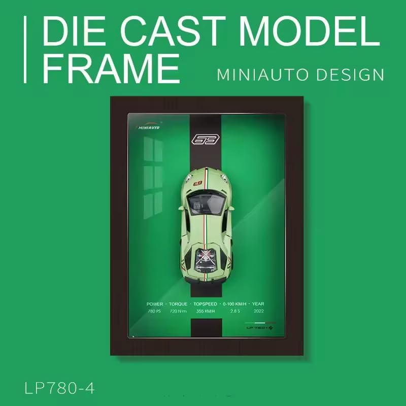 Die cast model frame with a green car on a green background