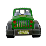 Green toy jeep with 'Super Toys' branding on a white background