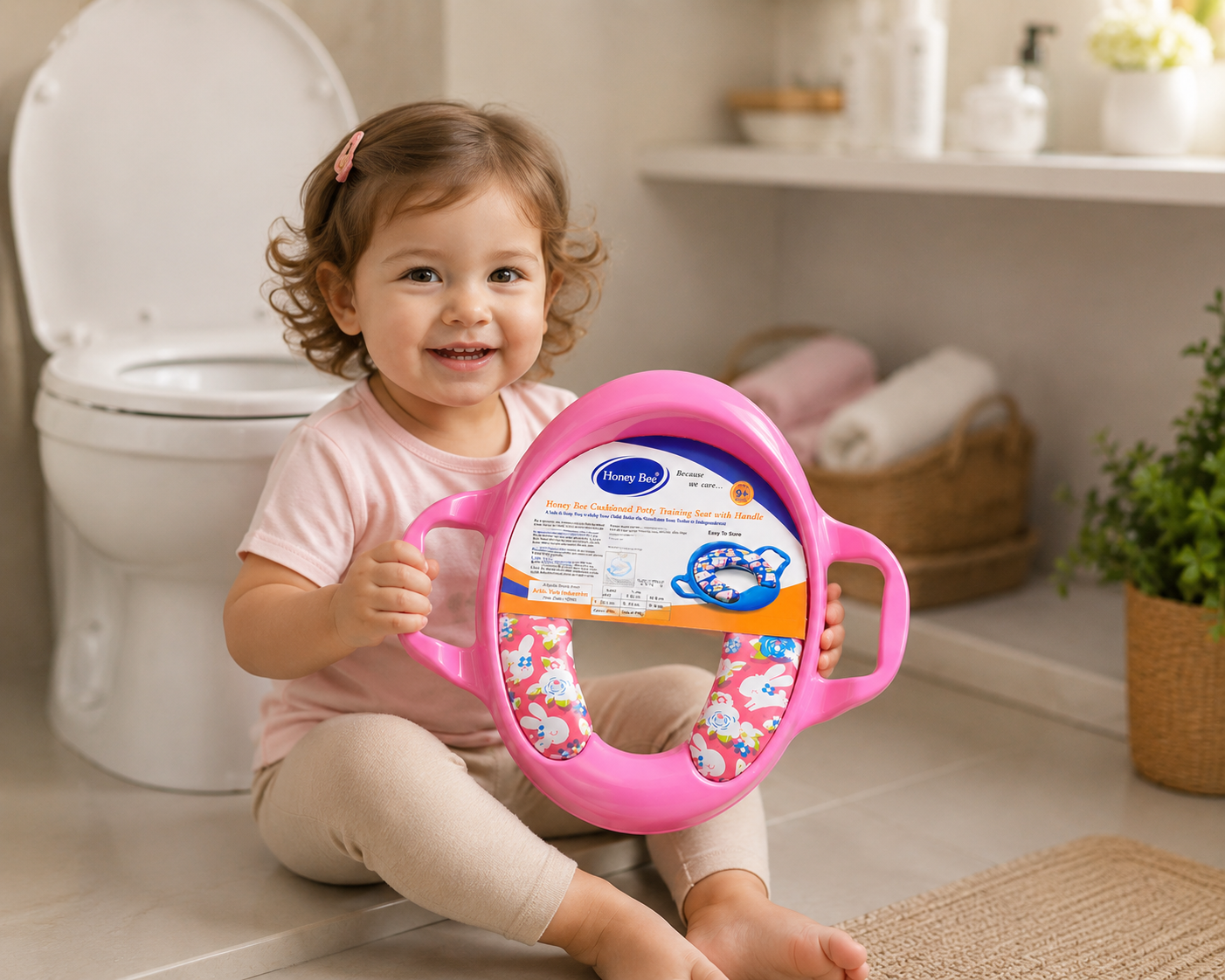 Pink Honey Bee potty training seat securely fitted on western toilet seat in modern bathroom