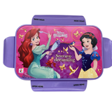 Disney Princess-themed lunch box with characters and 'Never stop dreaming' text on a pink and purple background.