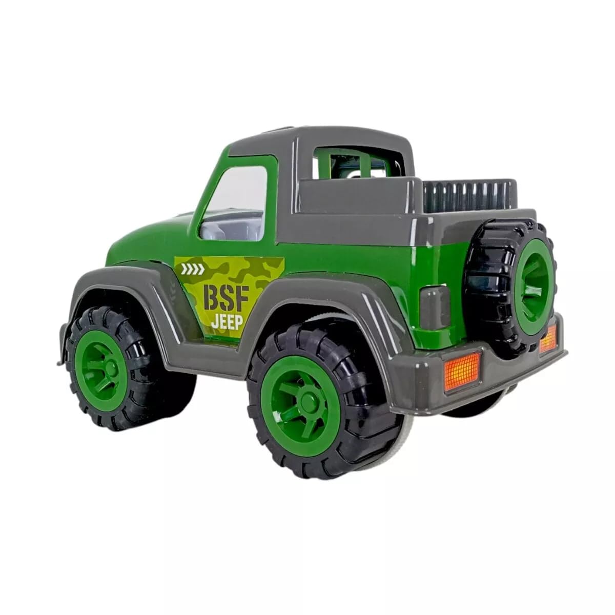 Toy jeep with green and gray color scheme on a white background