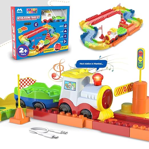 Mirana Block Rider Toy Train Set by KiddiVilla with Colorful & Multiple Track Layout, USB Rechargeable Type-C Engine, Various Sound Modes