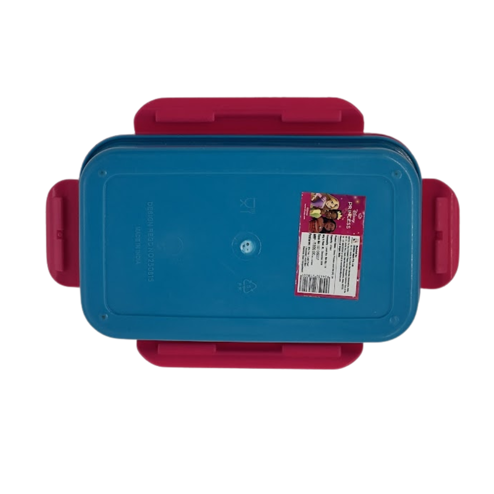 Blue food storage container with red lids on a white background