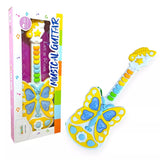 Colorful toy guitar with butterfly design next to its packaging on a 