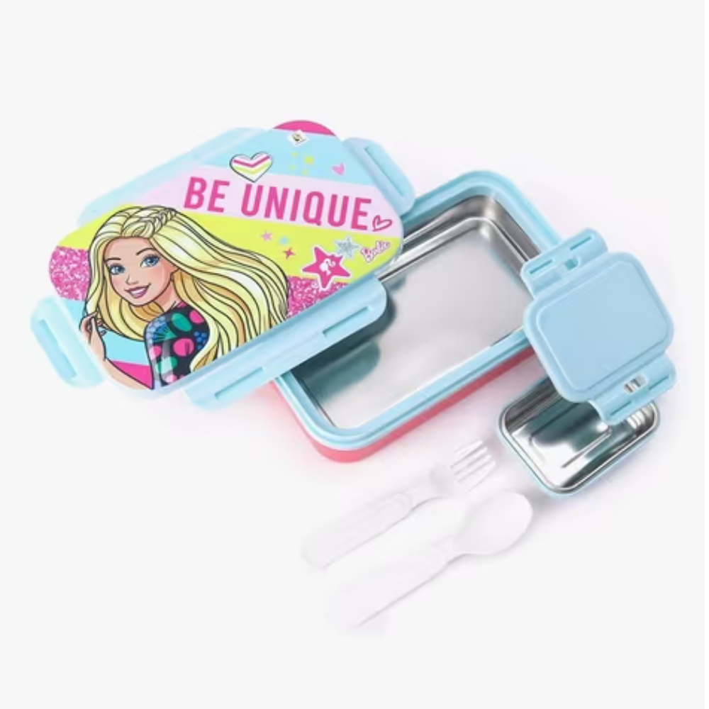 Barbie-themed lunch box with mirror and utensils on a white background